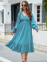 Load image into Gallery viewer, Swiss Dot V-Neck Smocked Lantern Sleeve Ruffle Hem Dress