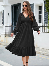 Load image into Gallery viewer, Swiss Dot V-Neck Smocked Lantern Sleeve Ruffle Hem Dress