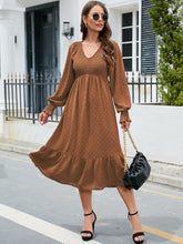 Load image into Gallery viewer, Swiss Dot V-Neck Smocked Lantern Sleeve Ruffle Hem Dress