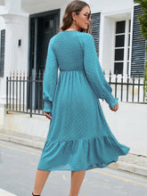 Load image into Gallery viewer, Swiss Dot V-Neck Smocked Lantern Sleeve Ruffle Hem Dress