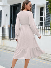 Load image into Gallery viewer, Swiss Dot V-Neck Smocked Lantern Sleeve Ruffle Hem Dress