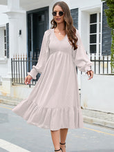 Load image into Gallery viewer, Swiss Dot V-Neck Smocked Lantern Sleeve Ruffle Hem Dress