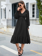 Load image into Gallery viewer, Swiss Dot V-Neck Smocked Lantern Sleeve Ruffle Hem Dress