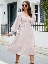 Load image into Gallery viewer, Swiss Dot V-Neck Smocked Lantern Sleeve Ruffle Hem Dress