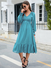 Load image into Gallery viewer, Swiss Dot V-Neck Smocked Lantern Sleeve Ruffle Hem Dress