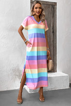 Load image into Gallery viewer, Color Block V-Neck Short Sleeve Slit Dress with Pockets