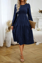 Load image into Gallery viewer, Round Neck Velvet Smocked Flounce Sleeve Dress