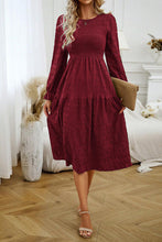 Load image into Gallery viewer, Round Neck Velvet Smocked Flounce Sleeve Dress