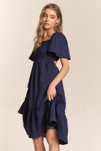 Load image into Gallery viewer, Smocked Bow Back Ruffle Hem Dress