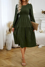 Load image into Gallery viewer, Round Neck Velvet Smocked Flounce Sleeve Dress