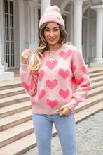 Load image into Gallery viewer, Round Neck Dropped Shoulder Sweater with Heart Pattern