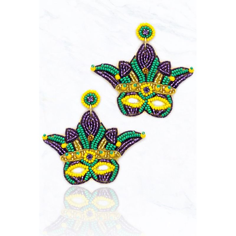 Mardi Gras Mask Seed Bead Drop Earrings - OBX Prep