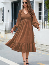 Load image into Gallery viewer, Swiss Dot V-Neck Smocked Lantern Sleeve Ruffle Hem Dress
