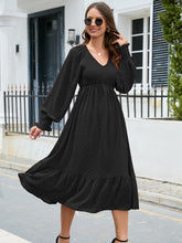 Load image into Gallery viewer, Swiss Dot V-Neck Smocked Lantern Sleeve Ruffle Hem Dress
