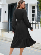 Load image into Gallery viewer, Swiss Dot V-Neck Smocked Lantern Sleeve Ruffle Hem Dress
