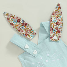 Load image into Gallery viewer, RTS: Linen Bunny Dress or Onesie Bunny Tail with Floral Removeable Ears-
