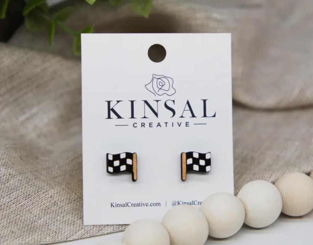 Checkered Flag Wood Stud Earrings