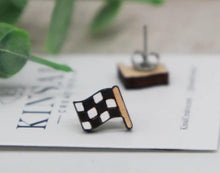 Load image into Gallery viewer, Checkered Flag Wood Stud Earrings
