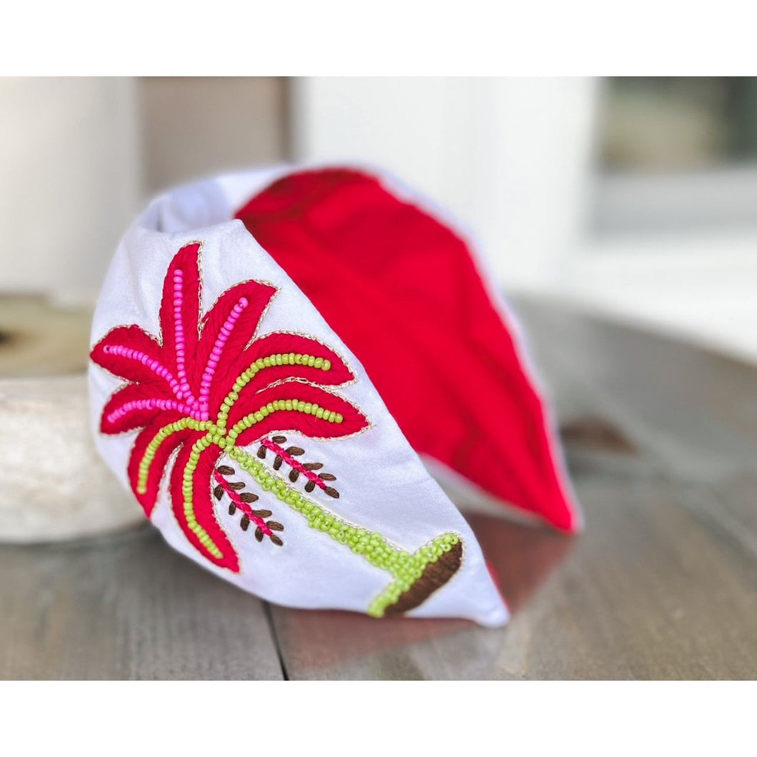 Pink Palm Tree Embroidered Seed Beaded Top Knot Headband - OBX Prep