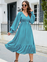 Load image into Gallery viewer, Swiss Dot V-Neck Smocked Lantern Sleeve Ruffle Hem Dress
