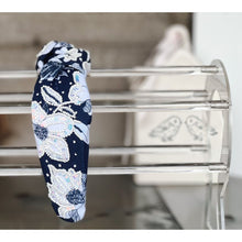 Load image into Gallery viewer, Classic Navy and White Floral Sequin and Seed Beaded Top Knot Headband - OBX Prep
