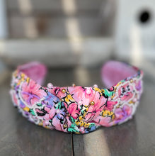 Load image into Gallery viewer, Purple and Pink Floral Seed Beaded Top Knot Handmade Headband - OBX Prep
