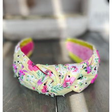 Load image into Gallery viewer, Manteo Yellow Pink and Purple Pansies Top Knot Seed Beaded Headband - OBX Prep
