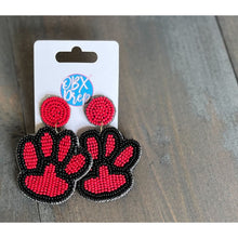Load image into Gallery viewer, Paw Print Seed Beaded Earrings - Blue/White, Yellow/Purple, Black/Red - OBX Prep

