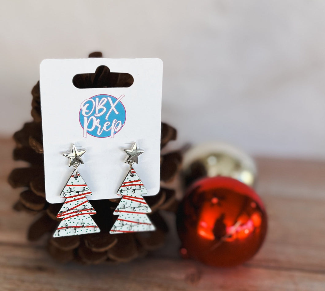 Christmas Tree Cake Silver Star Stud Topper Dangle Earrings.