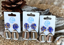 Load image into Gallery viewer, Custom Team Spirit Bead Topped Hand Painted Football Dangle Earrings.
