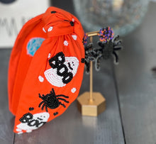 Load image into Gallery viewer, Boo Spider Halloween Top Knot Seed Beaded Handmade Headband - OBX Prep
