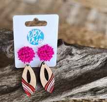 Load image into Gallery viewer, Valentine&#39;s Day and Beyond Hand Painted Seed Bead Topped Pink Wood Earrings.
