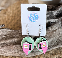 Load image into Gallery viewer, Hand-Painted Pink Tumbler Wood Earrings with Daisy and Rhinestones.
