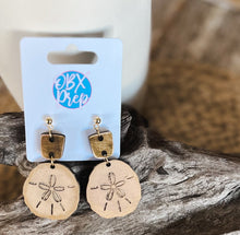 Load image into Gallery viewer, Hand-Painted Sand Dollar Wood Earrings with Gold Metallic Edging.
