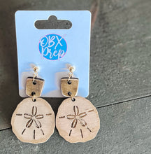 Load image into Gallery viewer, Hand-Painted Sand Dollar Wood Earrings with Gold Metallic Edging.
