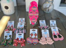 Load image into Gallery viewer, Pink Candy Cane Bow Christmas Beaded Earrings - OBX Prep
