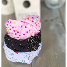 Load image into Gallery viewer, Confetti Beaded Top Knot Headband in Pink, Black and Gold, and White Multi-Colors.
