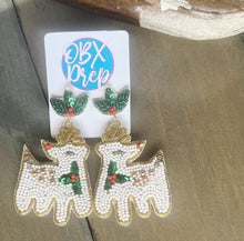 Load image into Gallery viewer, Christmas White Reindeer Beaded Dangle Earrings - OBX Prep
