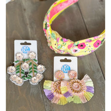 Load image into Gallery viewer, Manteo Yellow Pink and Purple Pansies Top Knot Seed Beaded Headband WS
