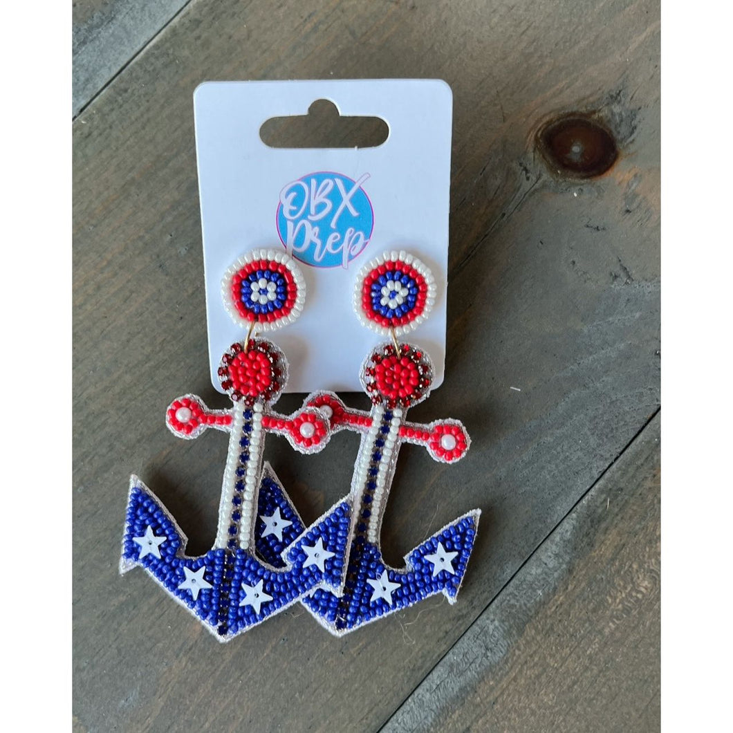 Patriotic Anchor Seed Beaded Earrings - OBX Prep