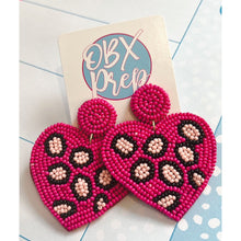 Load image into Gallery viewer, Heart Leopard Seed Beaded Drop Earrings - OBX Prep
