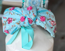 Load image into Gallery viewer, Summer Garden Flossie Rose Shabby Chic Beaded Top Knot Headband.

