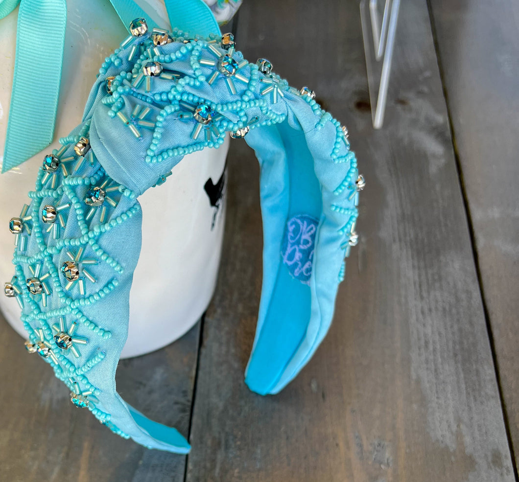 Ocean Blue Beaded Headband with Rhinestone Details S