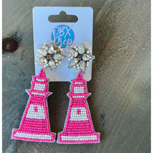 Load image into Gallery viewer, Pink Lighthouse Handmade Seed Beaded Dangle Earrings - OBX Prep
