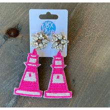 Load image into Gallery viewer, Pink Lighthouse Handmade Seed Beaded Dangle Earrings - OBX Prep
