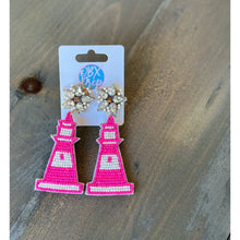 Load image into Gallery viewer, Pink Lighthouse Handmade Seed Beaded Dangle Earrings - OBX Prep
