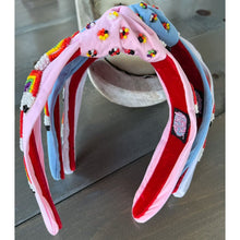 Load image into Gallery viewer, Rainbow Pencil Seed Beaded Hearts Top Knot Headband - OBX Prep
