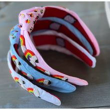 Load image into Gallery viewer, Rainbow Pencil Seed Beaded Hearts Top Knot Headband - OBX Prep
