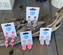 Load image into Gallery viewer, Jenny Pickleball Paddle and Ball Triple Linked Enamel Dangle Earrings.
