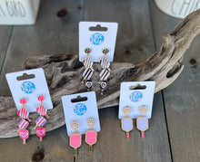 Load image into Gallery viewer, Jenny Pickleball Paddle and Ball Triple Linked Enamel Dangle Earrings.
